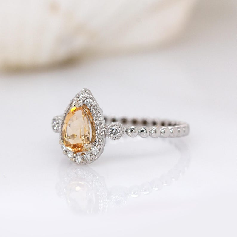 Brazilian Imperial Topaz Ring With Natural Diamond Halo in 14k Solid White Gold