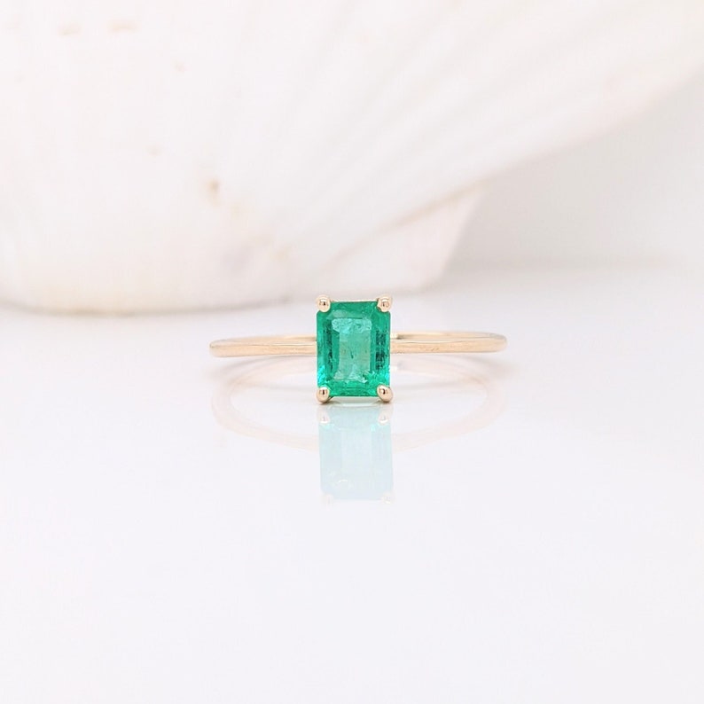 Minimalist Ethiopian Emerald Ring in Solid 14k Yellow, White or Rose Gold Solitaire Emerald Cut 6x4mm May Birthstone Natural Gem image 1