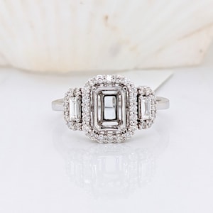 Stunning Three Stone Ring Semi Mount in Solid 14k Gold w Diamond Halo and Baguettes | Emerald Cut Gemstone | Engagement Statement Ring
