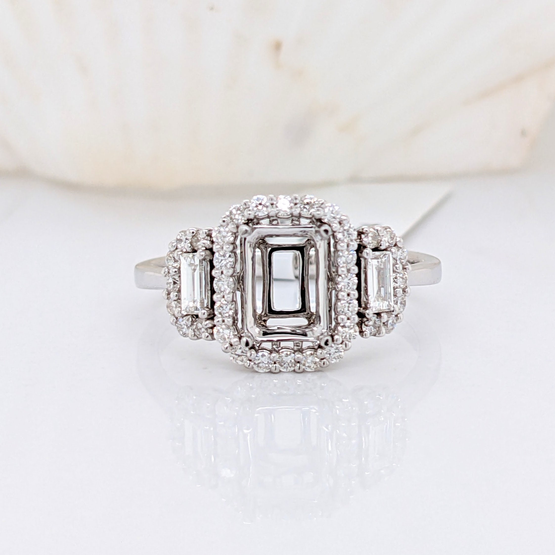 Stunning Three Stone Ring Semi Mount in Solid 14k Gold w Diamond Halo and Baguettes | Emerald Cut Gemstone | Engagement Statement Ring