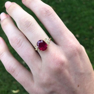 Radiant Red Ruby Ring in 14K Yellow, White or Rose Gold w/ Natural Diamond Accents Oval 10x8mm Floral Design July Birthstone Custom image 8