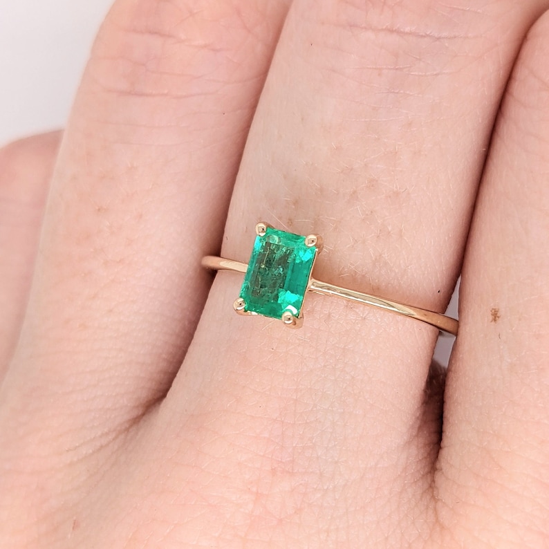 Minimalist Ethiopian Emerald Ring in Solid 14k Yellow, White or Rose Gold Solitaire Emerald Cut 6x4mm May Birthstone Natural Gem image 8