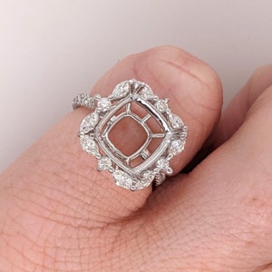 Ring Semi Mount W Natural Diamonds in Solid 14k Gold Cushion 9.5mm