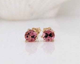 Natural Pink Tourmaline Martini Prong Earring Studs Round 4mm 5mm in 14k White, Yellow or Rose Gold | Dainty Studs | October Birthstone