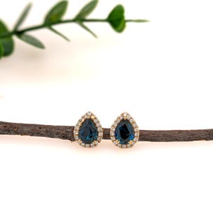 Ceylon Sapphire Earrings With Natural Diamond Halo in 14k Solid Gold | PE 8x6mm