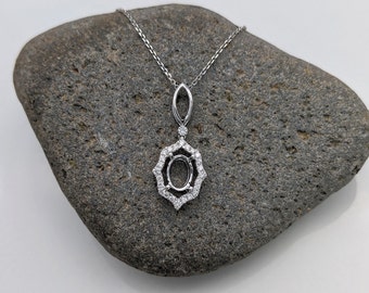 Gorgeous Solid 14k Gold Pendant Semi Mount with Natural Diamond Halo | Oval 7x5mm, 8x6mm, 9x7mm, 10x8mm, 11x9mm | Gemstone Necklace