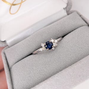 Dainty Ceylon Sapphire Ring w Earth Mined Diamonds in Solid 14K White Gold | Round 4mm | Asymmetrical Design | Gift for Her | Fine Jewelry