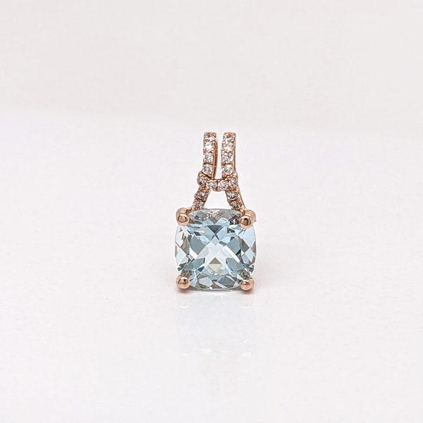 Aquamarine Pendant W Natural Diamonds in Solid 14k Rose Gold Cushion Cut 5x3mm