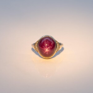 12.5Ct Star Ruby Cabochon Ring with Earth-Mined Diamond Accents: Solid 14K Gold, Oval cut 13x11mm