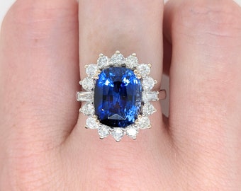 Stunning Ceylon Sapphire Ring w a Natural Diamond Halo in Solid 18k White Gold | Cushion 12x10mm | 9 carat Sapphire | Engagement Ring