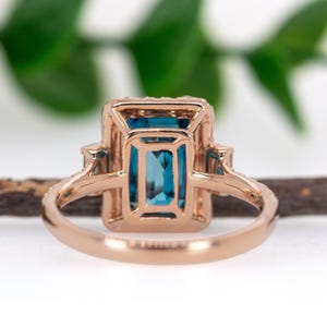 6.7cts Blue Zircon Ring W Earth Mined Diamonds in 14k Rose Gold | Em 9.5x7mm
