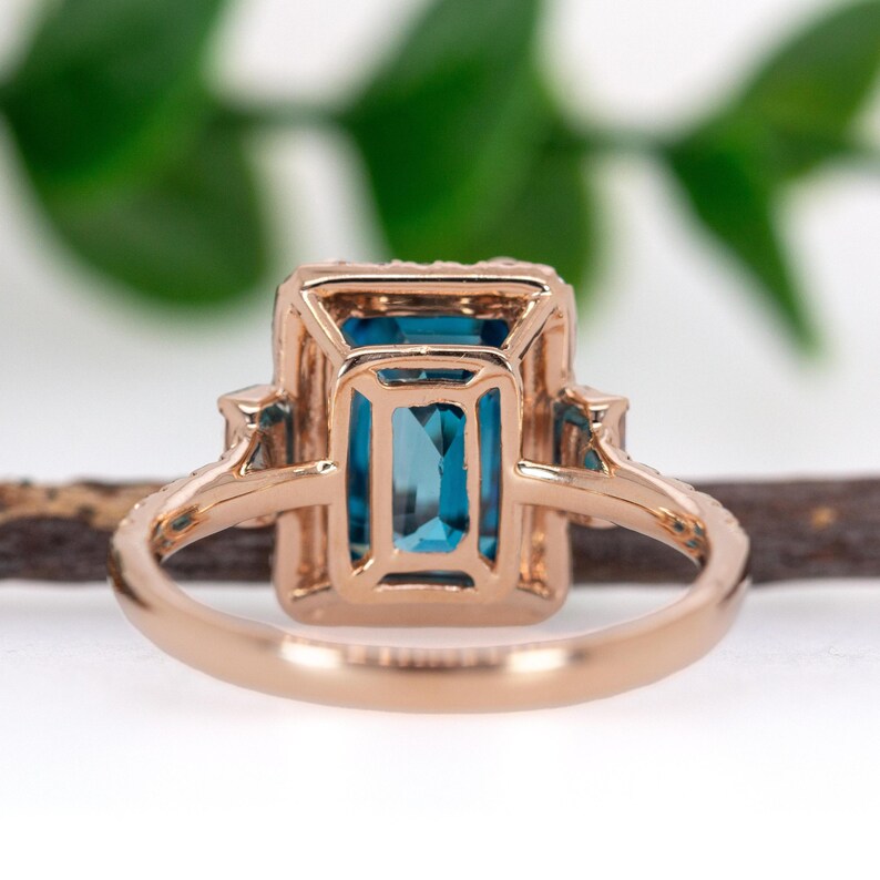 6.7cts Blue Zircon Ring W Earth Mined Diamonds in 14k Rose Gold | Em 9.5x7mm