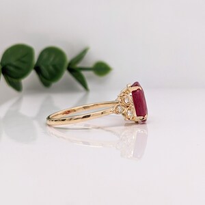 Radiant Red Ruby Ring in 14K Yellow, White or Rose Gold w/ Natural Diamond Accents Oval 10x8mm Floral Design July Birthstone Custom image 4