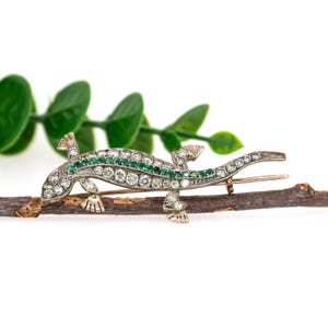 14k Gold & Sterling Silver Lizard Brooch with Natural Diamonds and Emeralds