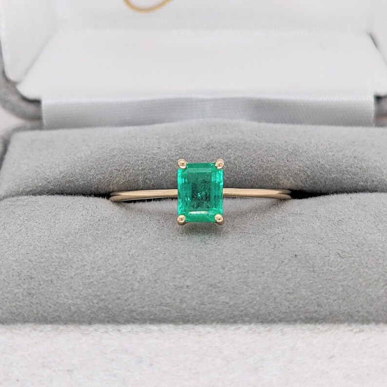 Minimalist Ethiopian Emerald Ring in Solid 14k Yellow, White or Rose Gold Solitaire Emerald Cut 6x4mm May Birthstone Natural Gem image 5