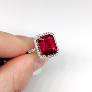 Lovely Madagascar Ruby Ring in 14k White, Yellow, Rose or Dual Tone Gold with a Diamond Halo | Emerald Cut 11x9mm | Custom Setting