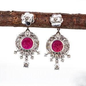 8mm, 5.6cts Madagascar Ruby & Natural Diamonds Dangle Earrings in Solid 14k Gold