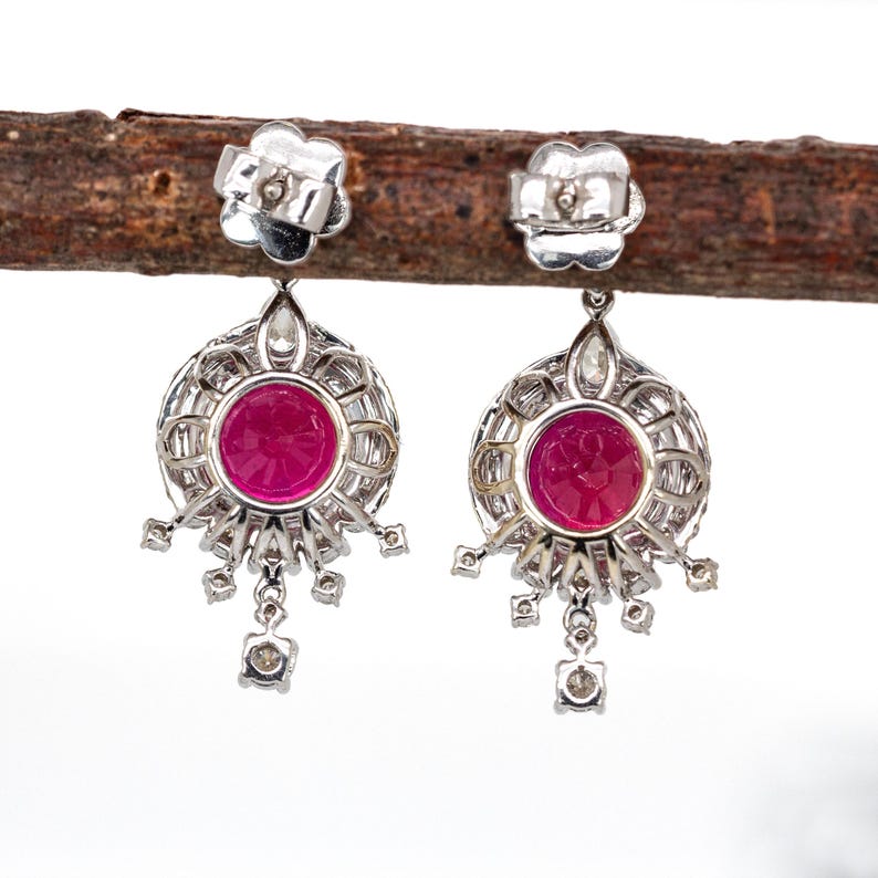 8mm, 5.6cts Madagascar Ruby & Natural Diamonds Dangle Earrings in Solid 14k Gold
