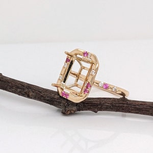 Pretty Emerald Cut Ring Setting W Natural Pink Sapphire & Diamond