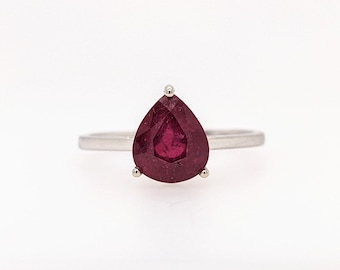 3.5ct Red Ruby Ring in Solid 14k White Gold | Pear Shape 10x7mm | Solitaire Ring