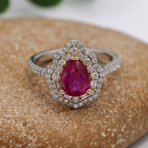 Stunning Red Ruby in Dual Tone 14K White & Rose Gold Ring w Round and Baguette Diamonds | Pear 8x7mm | Art Deco Style | Customizable |