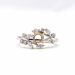 Nature Inspired Leaf Vine Ring Semi Mount in 14K Gold w Round & Marquise Diamond Accents Round 5mm Two Tone Bypass Ring Customizable image 3