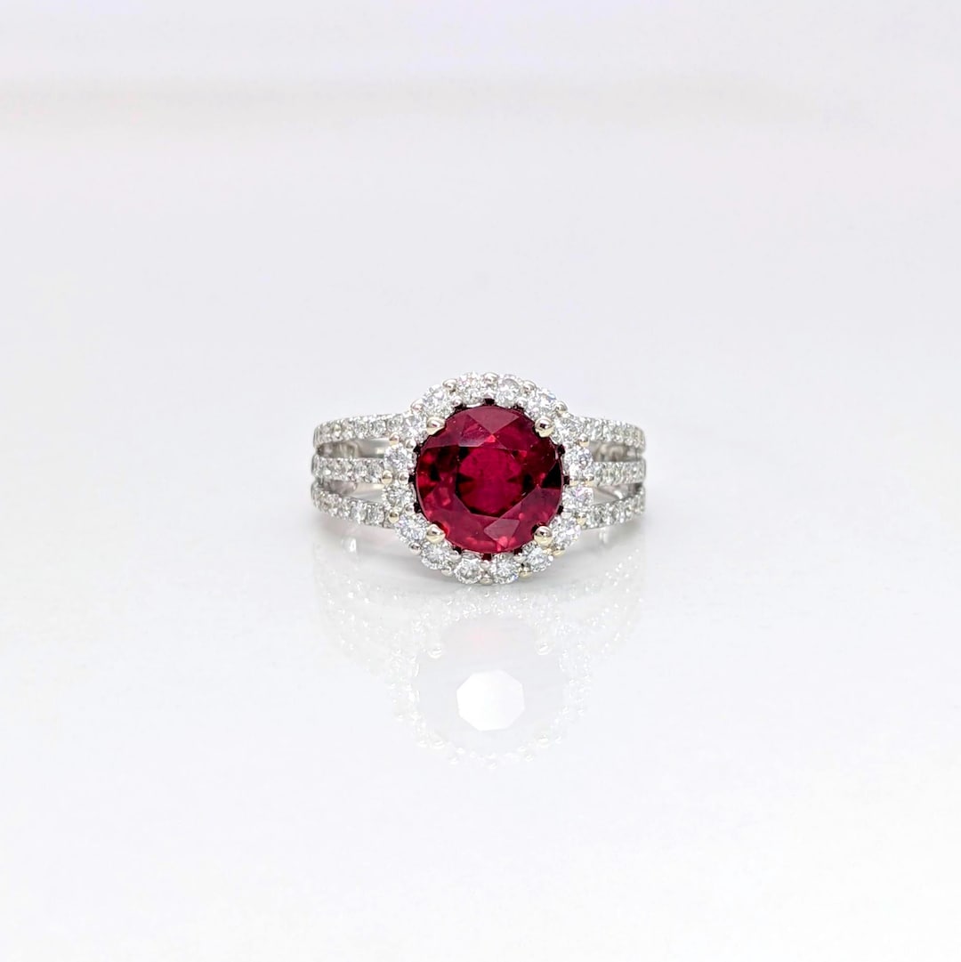 Gorgeous Red Ruby Ring With a Split Shank and Diamond Halo in Solid 14k ...