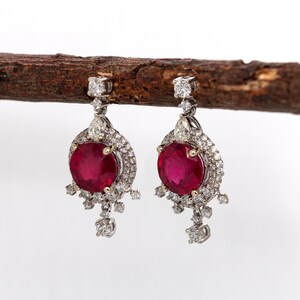 8mm, 5.6cts Madagascar Ruby & Natural Diamonds Dangle Earrings in Solid 14k Gold