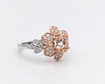 Fabuloso anillo de flores semimontado en oro de 14 quilates de dos tonos / Redondo de 6 mm / Personalizable