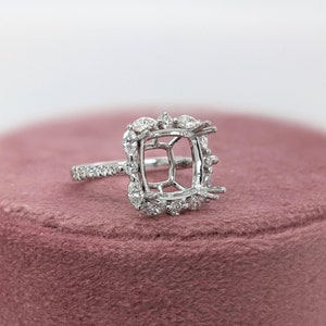 Ring Semi Mount W Natural Diamonds in Solid 14k Gold Cushion 9.5mm