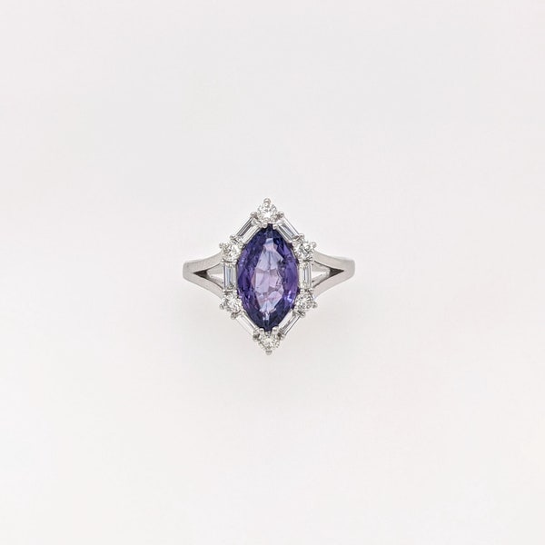 Unique Purple Sapphire Ring w Natural Earth Mined Diamonds in Solid 14k White Gold || Marquise Cut 11x6.5mm || September Birthstone ||