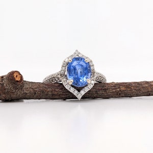 Beautiful Ceylon Sapphire Ring w Natural Earth Mined Diamonds in Solid 14k White Gold || Oval 9x7mm || September Birthstone | Something Blue