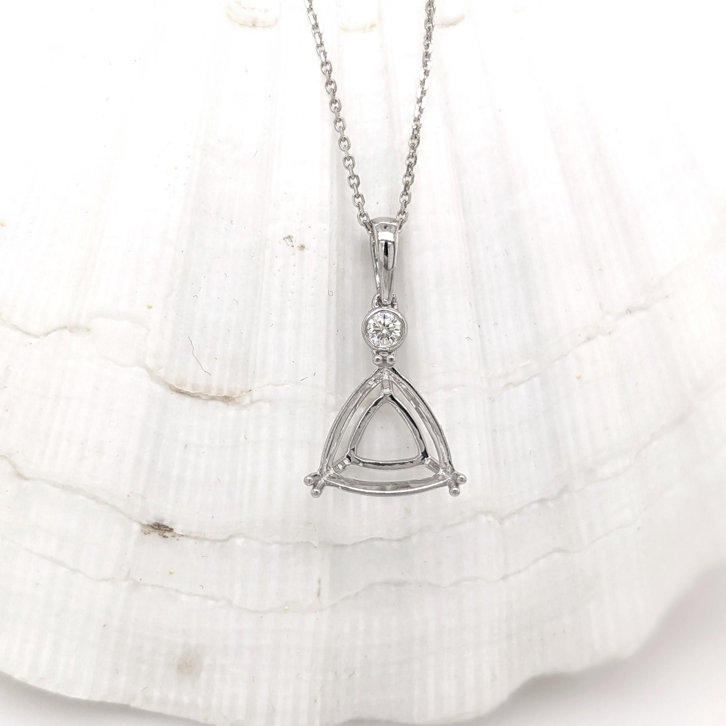 Classic Pendant Semi Mount w Natural Earth Mined Diamond Accent in Solid 14K White Gold || Trillion 10mm || Customizable || Add Chain ||