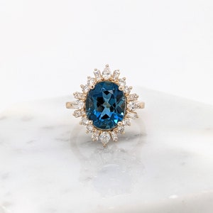 Beautiful London Blue Topaz Sunburst Ring w Natural Diamond Accents in 14K Solid White Gold | Oval 11x9mm | December Birthstone Ring