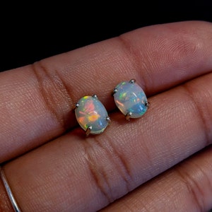 Natural Ethiopian Opal Solitaire Stud Earrings in Solid 14k Gold | Oval 9x7mm 7x5mm 8x6mm | Push Back | Play of Color | October Birthstone