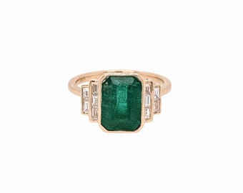 Anillo de esmeralda de 3 quilates con diamantes extraídos de la tierra en oro amarillo macizo de 14k / Em 10 x 8 mm