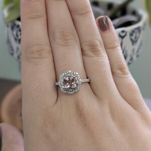Cor De Rosa Morganite Double Diamond Halo Ring in Solid 14k White Gold | Cu 6mm