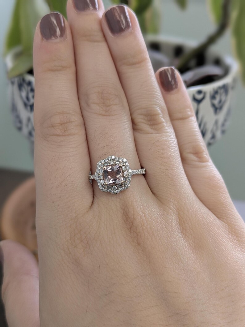Cor De Rosa Morganite Double Diamond Halo Ring in Solid 14k White Gold | Cu 6mm