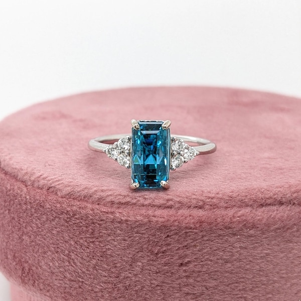 4.2ct Blue Zircon Ring W Earth Mined Diamonds in Solid 14k White Gold Em 9.5x6mm