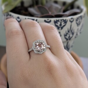 Cor De Rosa Morganite Double Diamond Halo Ring in Solid 14k White Gold | Cu 6mm