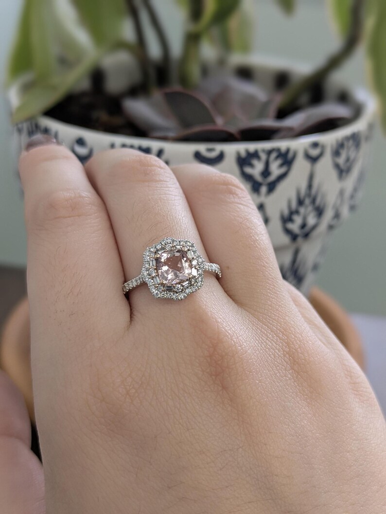 Cor De Rosa Morganite Double Diamond Halo Ring in Solid 14k White Gold | Cu 6mm
