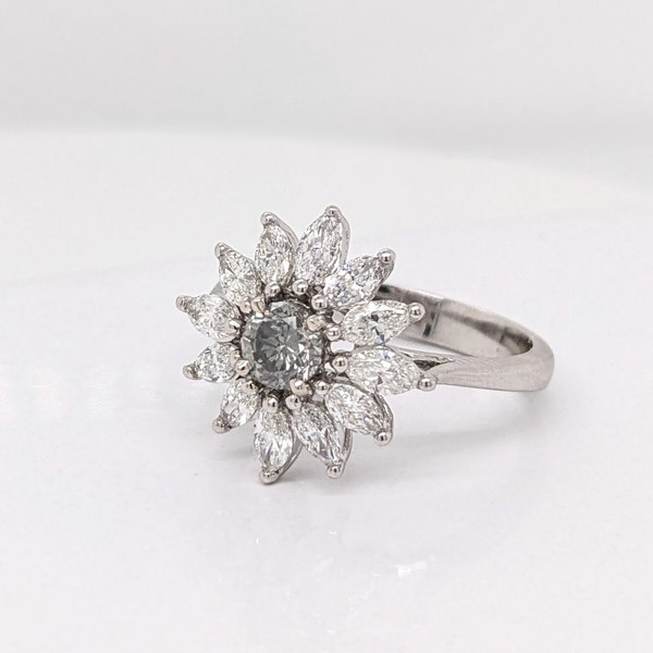 Floral Inspired Diamond Halo Ring Semi Mount in 14k Gold w Marquise Diamond Accents | Round 4.7mm | Customizable | Center Stone Seperate |