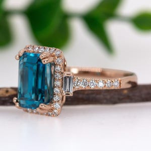 6.7cts Blue Zircon Ring W Earth Mined Diamonds in 14k Rose Gold | Em 9.5x7mm