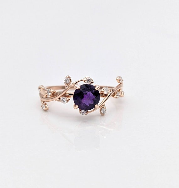 Amethyst Vine Ring W All Natural Diamond Accents in Solid 14k Gold