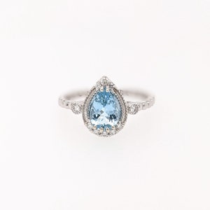 Aquamarine Ring W Natural Diamonds in 14k White Gold Pear Cut 8x6mm