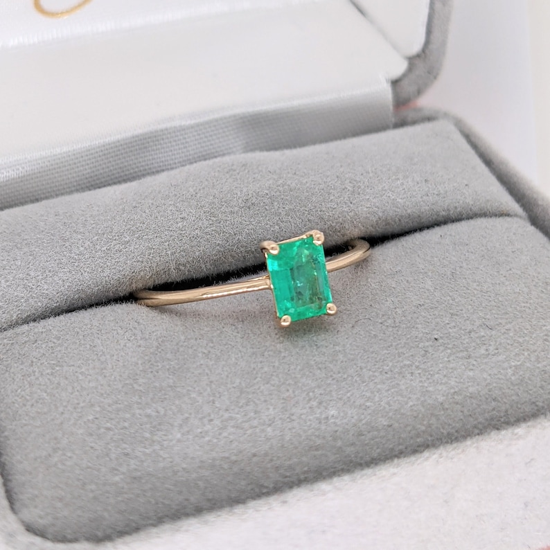 Minimalist Ethiopian Emerald Ring in Solid 14k Yellow, White or Rose Gold Solitaire Emerald Cut 6x4mm May Birthstone Natural Gem image 6