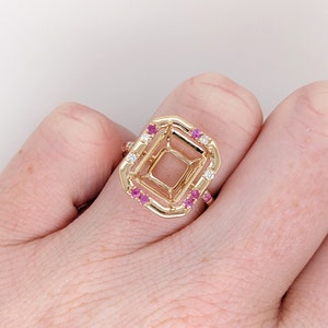 Pretty Emerald Cut Ring Setting W Natural Pink Sapphire & Diamond