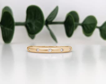 Lovely Diamond Band in Yellow, White or Rose Solid 14k Matte Gold |  Stacking Band | Wedding Band | April Birthstone | Bezel Set | Flush Set