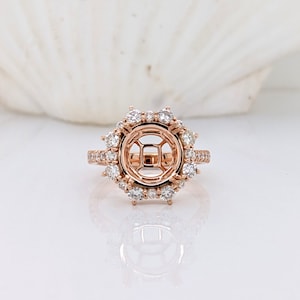 Stunning Engagement Ring Setting W Natural Earth Mined Diamond Halo in 14K Solid Gold | Round 8mm 9mm 10mm | Statement Ring | Customizable