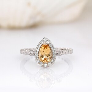 Brazilian Imperial Topaz Ring With Natural Diamond Halo in 14k Solid White Gold